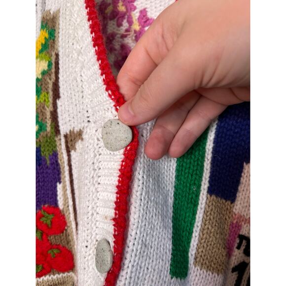 1990s Design Options Farmers Market Produce Art To Wear Fruits Scenic Cardigan L - Picture 6 of 7